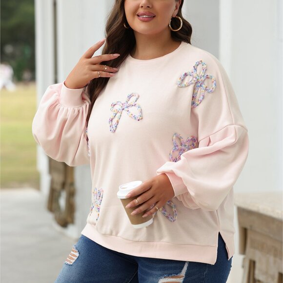 Parchment Embroidered Bow Lantern Sleeve Oversized Pullover Sweatshirt - Picture 6 of 6